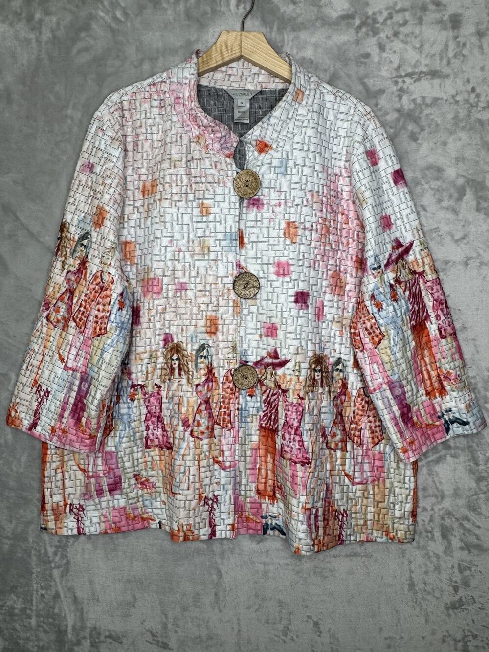Multiples Jacket Womens 2X Multicolor Quilted Art Print Button Front 3/4 Sleeve